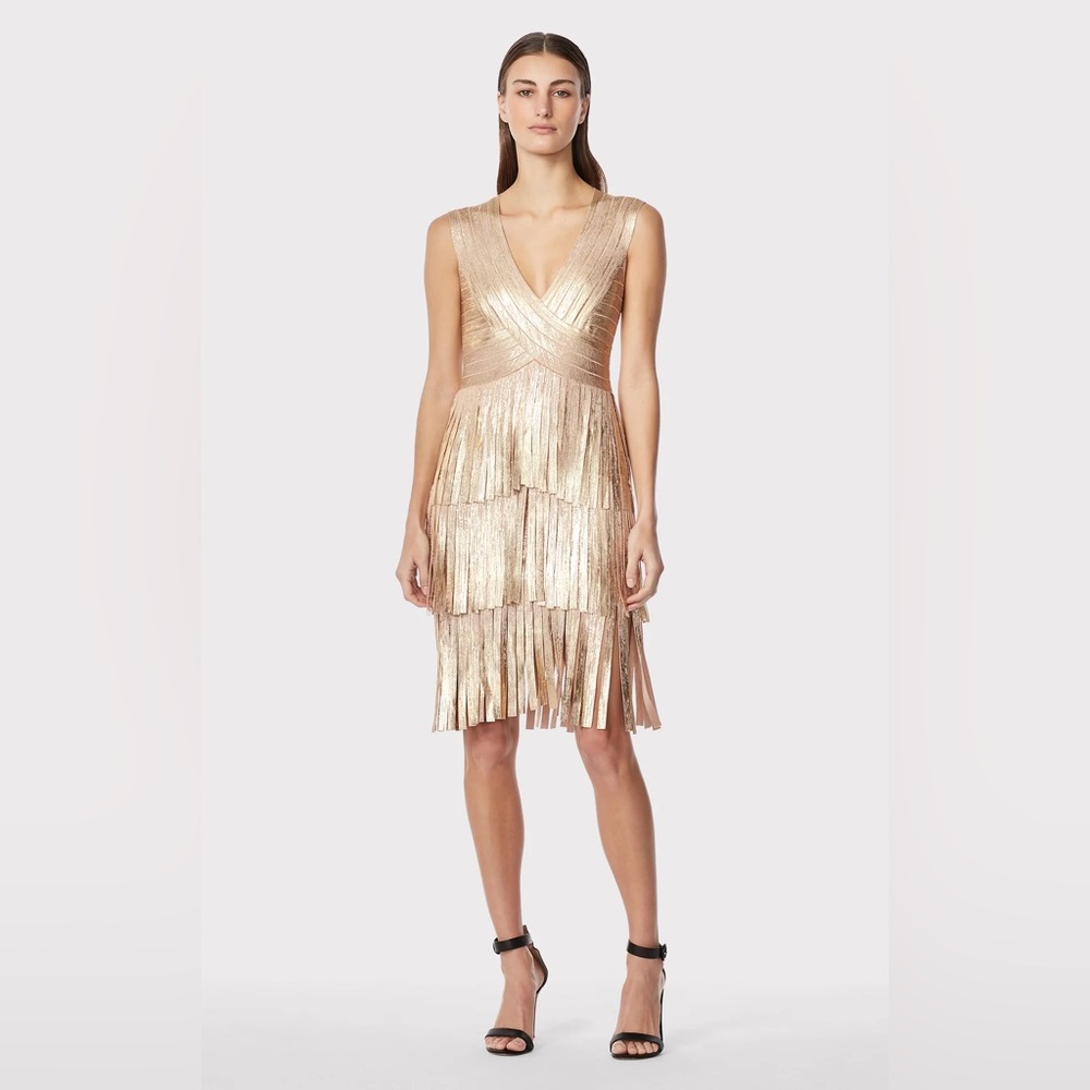 HERVE LEGER GOLD BANDAGE FRINGE DRESS